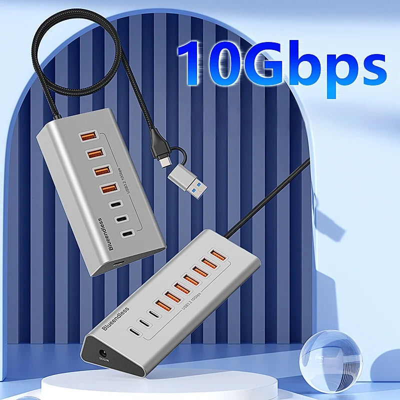 10Gbps USB-C Hub (4–10 Ports) with Card Reader – Aluminum Alloy