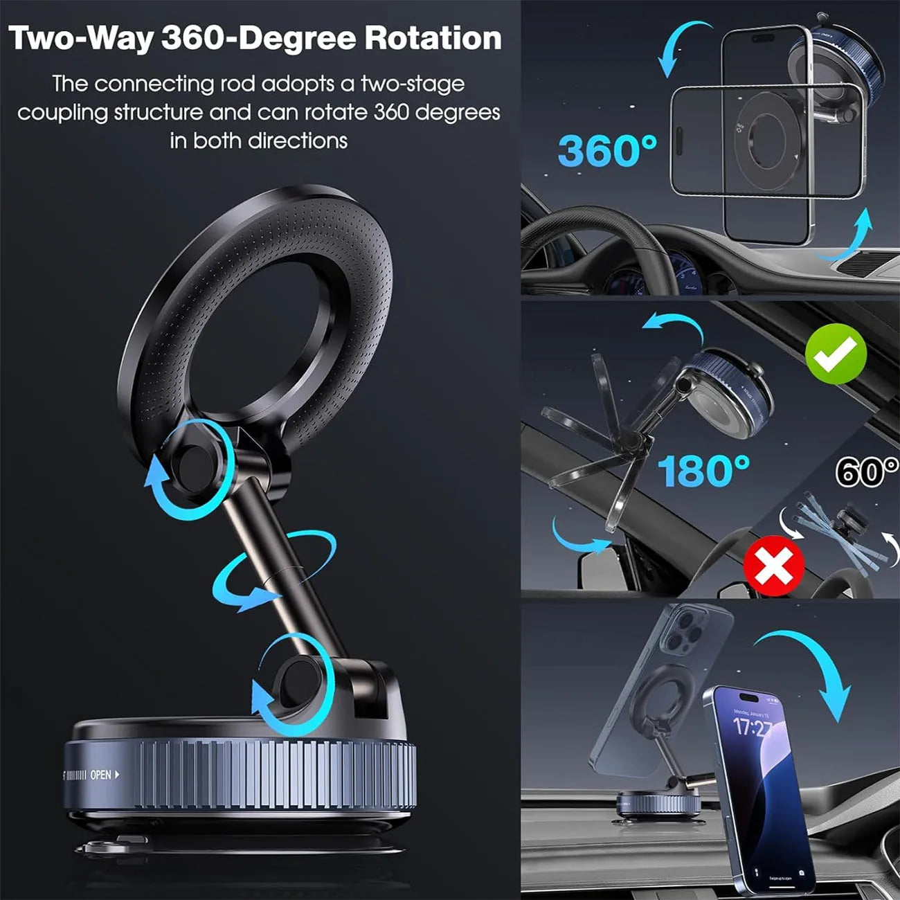 360° Rotatable Magnetic Car Phone Mount – Foldable Vacuum Suction Cup Holder