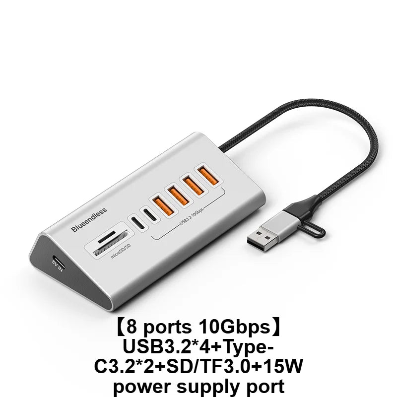10Gbps USB-C Hub (4–10 Ports) with Card Reader – Aluminum Alloy