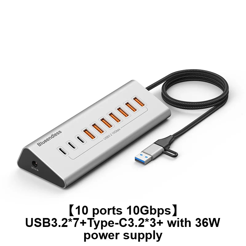 10Gbps USB-C Hub (4–10 Ports) with Card Reader – Aluminum Alloy