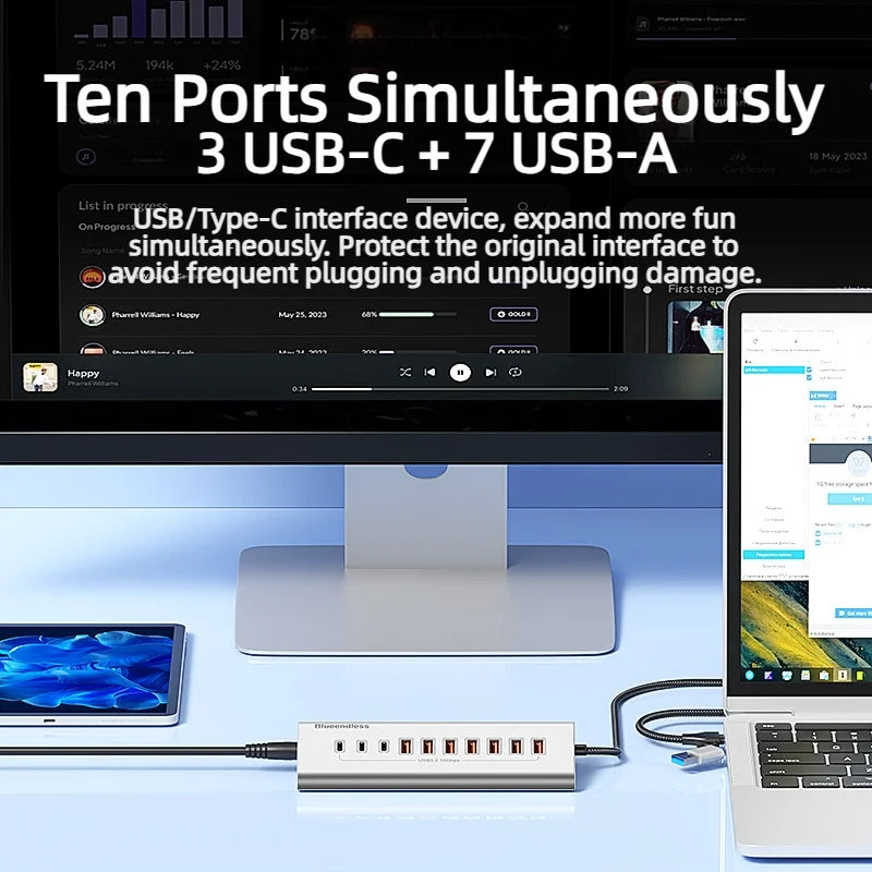 10Gbps USB-C Hub (4–10 Ports) with Card Reader – Aluminum Alloy