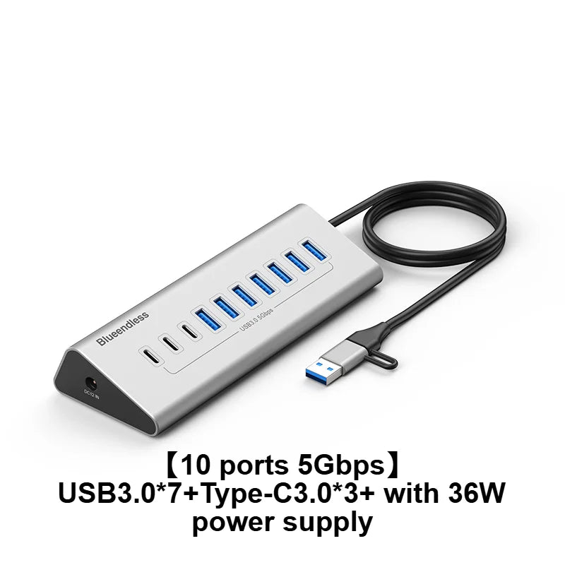 10Gbps USB-C Hub (4–10 Ports) with Card Reader – Aluminum Alloy