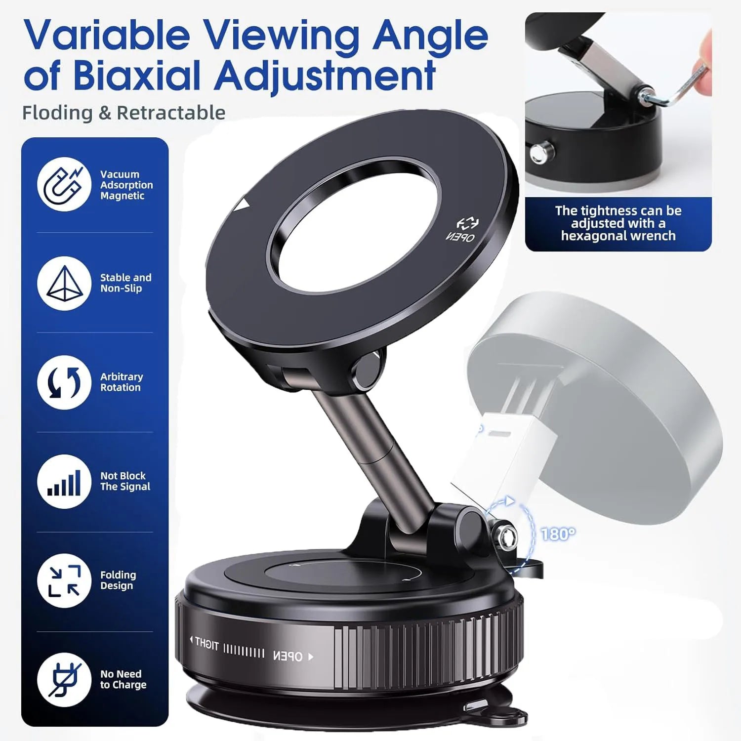 360° Rotatable Magnetic Car Phone Mount – Foldable Vacuum Suction Cup Holder